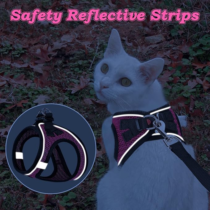Cat Harness and Leash for Walking Escape Proof, Adjustable Kitten Vest Harness Reflective Soft Mesh Puppy Harness for Outdoor, Comfort Fit, Easy to Control (Pink, M)