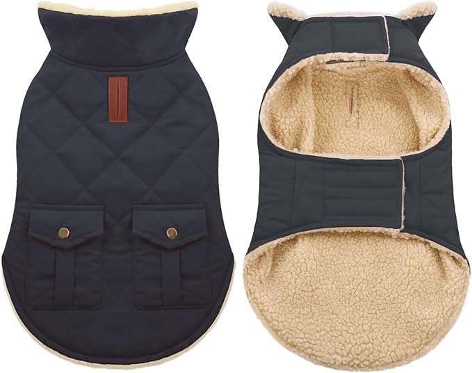 ASENKU Warm Dog Winter Coat, Waterproof Dog Coat for Cold Weather, Fleece Dogs Jacket with Ultra Thick Plush Lining Leash Hole Storage Pockets for Medium Large Dogs (Navy Blue, Large)