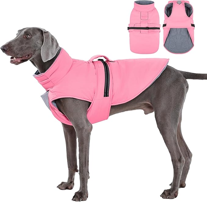 IECOii Dog Jackets for Large Dogs - Reflective & Adjustable & Windproof Vest with Warm Fleece Lining for German & Shepherd & Labrador, Waterproof Snow Coats for Walking & Hiking, Pink, Size 2XL