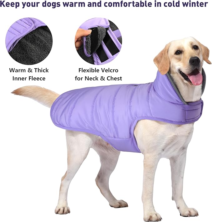 Dog Winter Coat, Waterproof Dog Jacket with Leash Hole, Reflective Adjustable Pet Snow Vest, Warm Fleece Sweater for Small Medium Large Dogs - Light Purple, M
