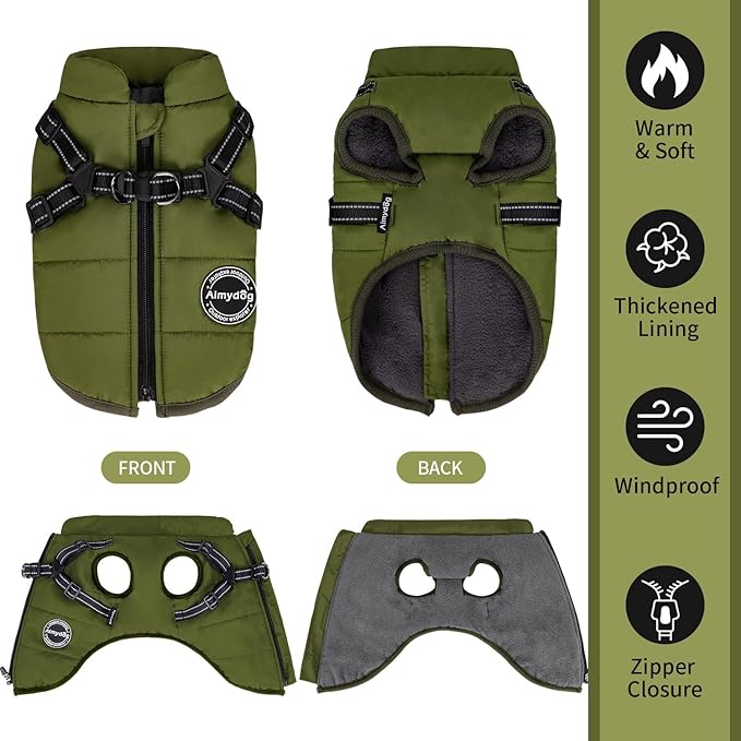 Warm Dog Winter Coat, Fashion Pet Cold Weather Jacket with Built-in Harness, Reflective & Adjustable Comfortable Pet Vest, Windproof Apparel for Small Medium Large Dogs (Green)