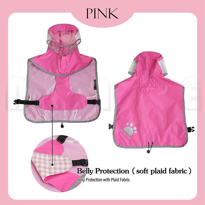 MAMORE Dog Raincoat Hooded Rain Jacket for Small Medium Large Dogs Slicker Poncho Bottom Waterproof Adjustable Reflective Breathable Leash Hole (Pink, XXX-Large)