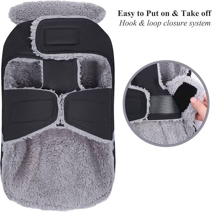 VIVAGLORY Frostfit Dog Coat, Dog Jacket for Winter & Cold Weather, Warm Fluffy Fleece Lined Water Resistant Reflective for Puppy, Coat with Velcro Fastening & Leash Hole, XXS, Black