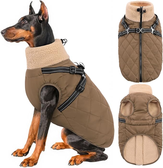 Queenmore Dog Jacket, Dog Coats for Large Dogs, Large Pet Coat with Harness Built in, Thick Fleece Snow Jacket for Extra Large Breeds, Waterproof Windproof Pet Apparel Cold Weather, Brown 3XL