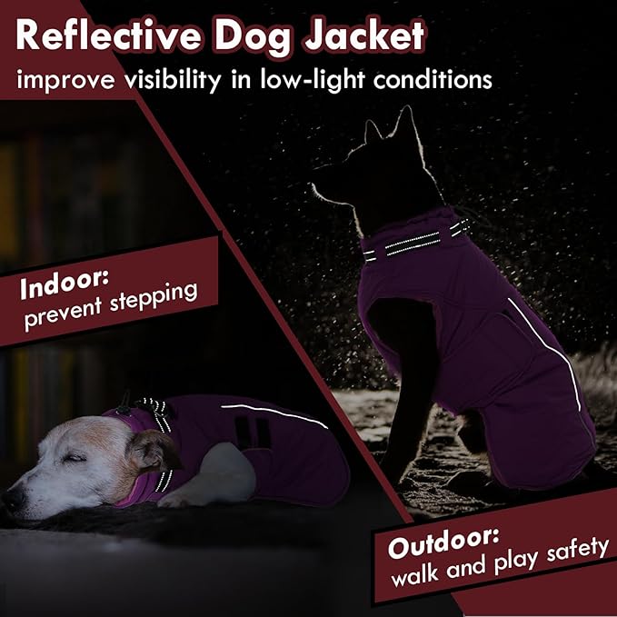 Dog Jackets for Large Dogs, Waterproof Winter Coat with Harness Built-in, Reflective Adjustable Hook&Loop Snow Jacket, Warm Fleece Snowsuit for Dogs Pit Bull Weimaraner Boxer, XXL Purple