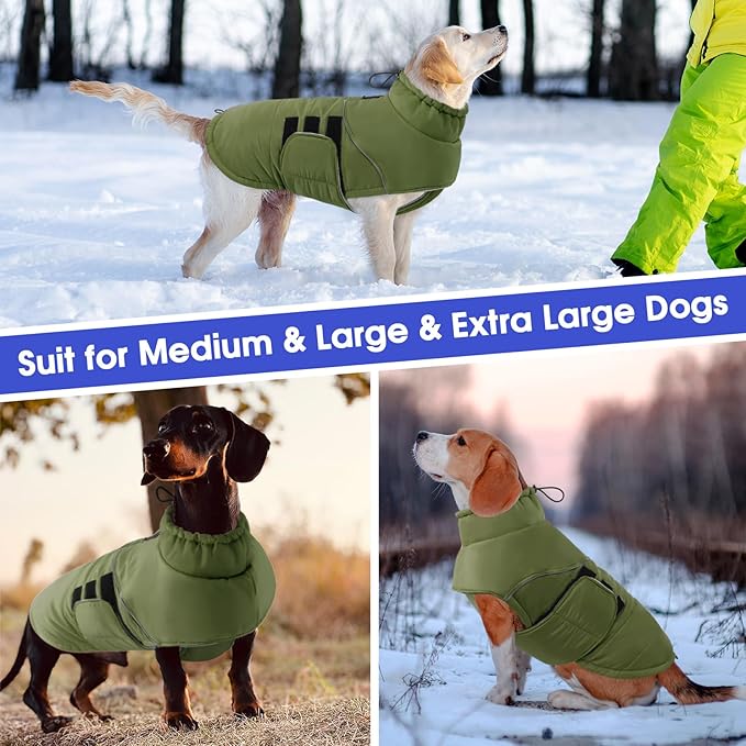 ASENKU Extra Warm Dog Coat with Fleece, Reflective Puffer Jacket, Adjustable with Zippered Leash Hole for Large Dogs, Winter Clothes (Green, XL)