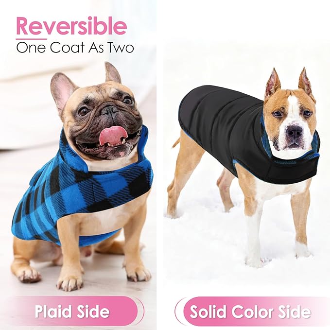 AOFITEE Dog Coat Plaid Dog Winter Coat for Small Dogs, Warm Dogs Jacket Christmas Sweater, Waterproof Pet Puffer Jacket, Reversible Pet Cold Weather Coats for Small Medium Large Pets, Blue M