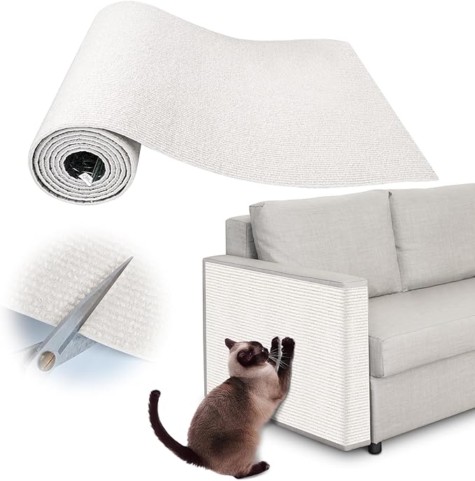 Cat Scratch Furniture Protector - 100" x 15.8" Trimmable Self-Adhesive Cat Claws Scratching Pads, DIY Climbing Couch Protector for Scratch Post Cats Tree Replacement Indoor (Cream White)