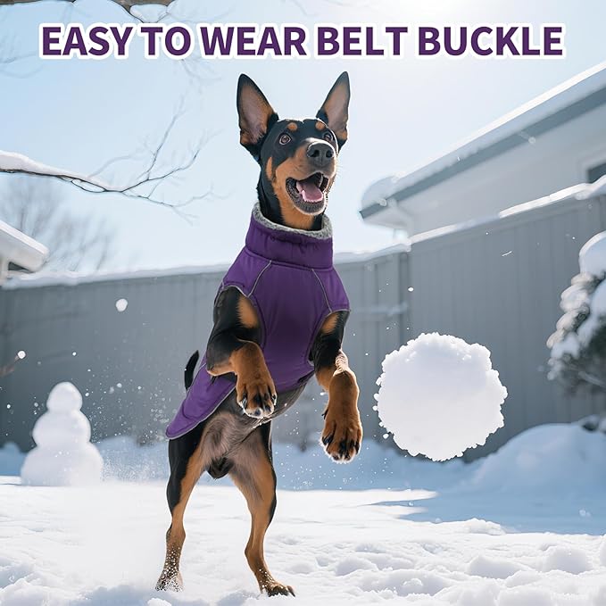 DENTRUN Extra Large Warm Dog Jacket - Windproof Water Repellent Reflective Coat, Adjustable Plush Turtleneck, Easy Wear Fleece Lined Cold Weather Vest for Great Dane, Purple, XXXL