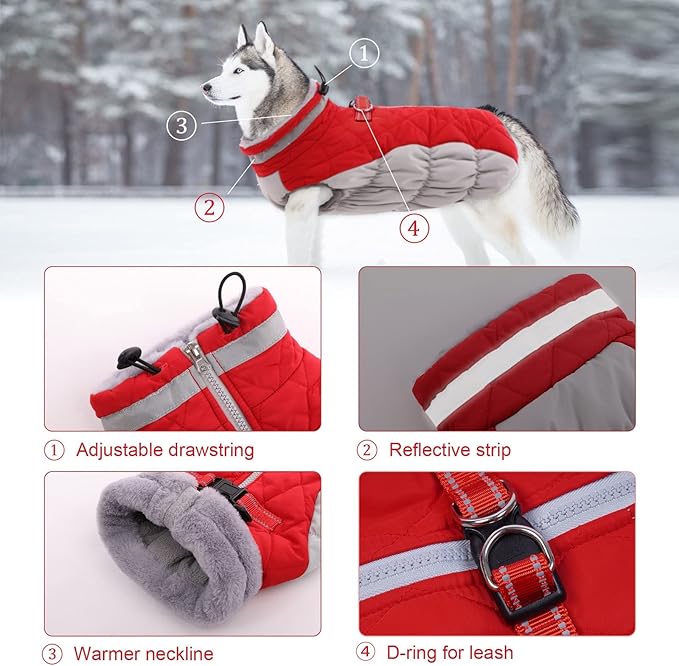 Lelepet Dog Coat Warm Dog Winter Coat Waterproof Dogs Jacket with Harness Built in Reflective Pet Fleece Vest Zip-Up Cold Weather Coats for Large Dogs Turtleneck & Windproof Coats Pitbull Red 2XL