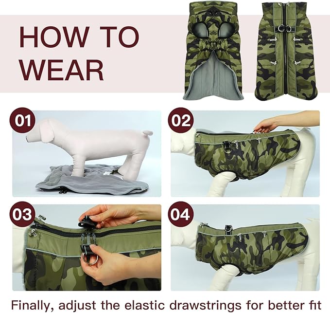 Medium Dog Coat Dog Winter Jacket,Warm Zip Up Snowsuit Dog Harness Vest Reflective Water-Resistant Dog Coat Dog Snow Jacket for Medium Dogs Jack Russell, Mini Schnauzer, Camouflage