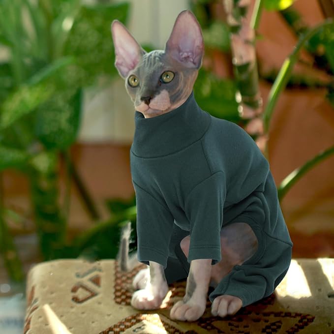 ROZKITCH Cat Coats for Cats Only, Breathable Soft Pet Jumpers for Hairless Cats Only, Coat with Four Legs, Warm Sweater T-Shirt Pajamas Jumpsuit Vest Cornish Rex Devon Rex Peterbald DarkGreen XS