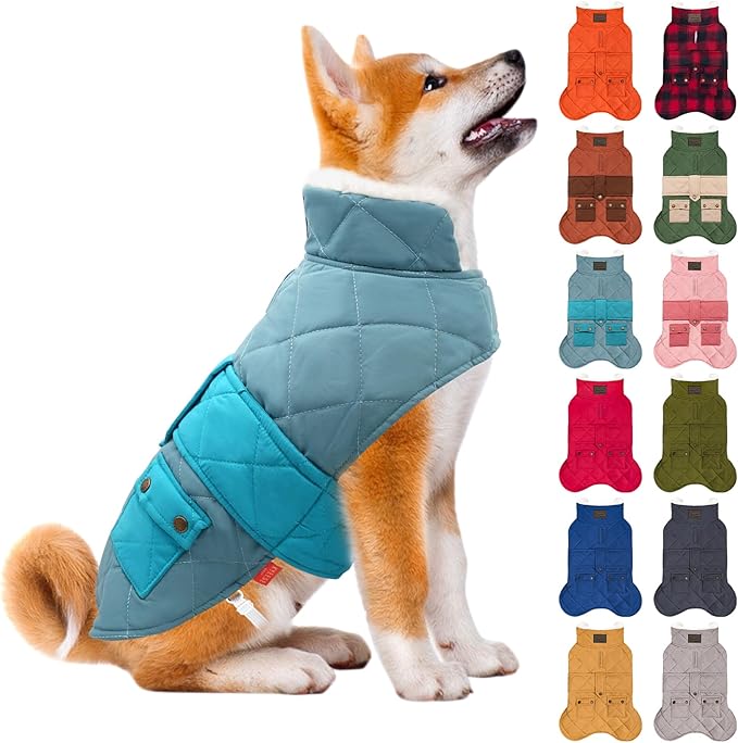 KYEESE Dog Coat Windproof Dog Coats for Small Dogs Waterproof Dogs Jacket with Fleece Lined Thick Cat Clothes with Pocket Warm Pet Winter Puffer Coat with Leash Hole Soft Pet Sweater for Cold Weather