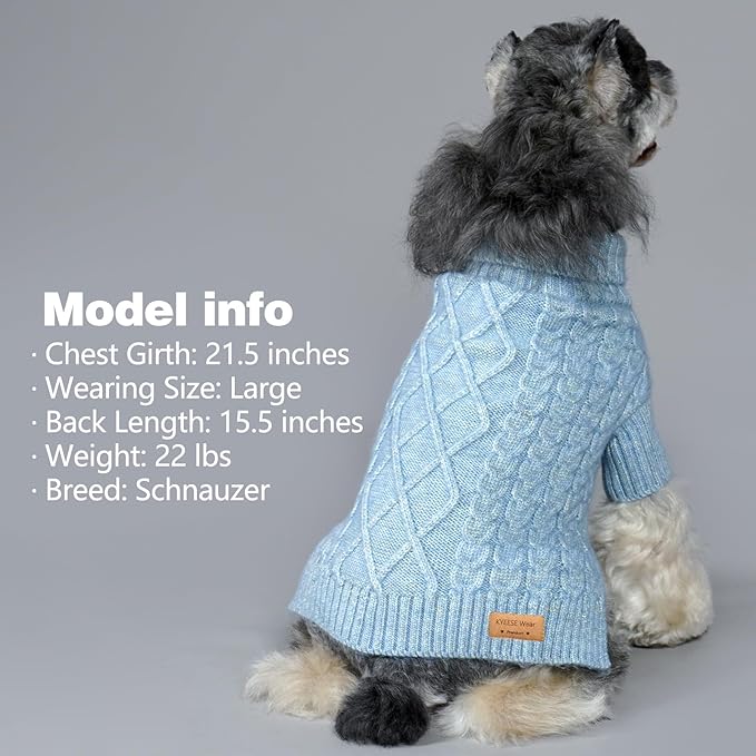 KYEESE Dog Sweater Warm Dogs Clothes with Classic Cable Knit Long Sleeve Knitwear Pet Coats, Soft Turtleneck Dog Sweater for Small Dogs, Blue, Small