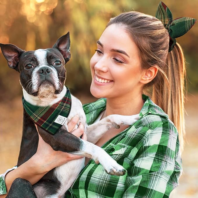 E-Clover Christmas Dog Bandana & Matching Scrunchie Green Red Plaid Pet Dog Scarf Cute Dogs Costumes Accessories for Small Medium Large Dogs