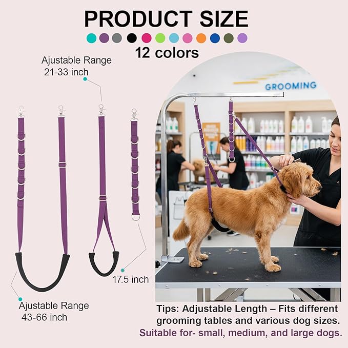 Dog Grooming Belly Straps Belly Band & Loop Extension Set - Adjustable & Comfortable Grooming Tools for Pet Grooming Tables Arms and All Dog Breeds (Purple)