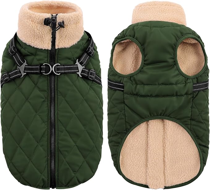 Queenmore Dog Winter Jacket, Dog Coats for Large Dogs, Warm Cozy Pet Jacket Winter with Harness Built in, Waterproof Pet Snow Jacket, Thick Fleece Lining Snowsuit for Large Dogs, ArmyGreen L