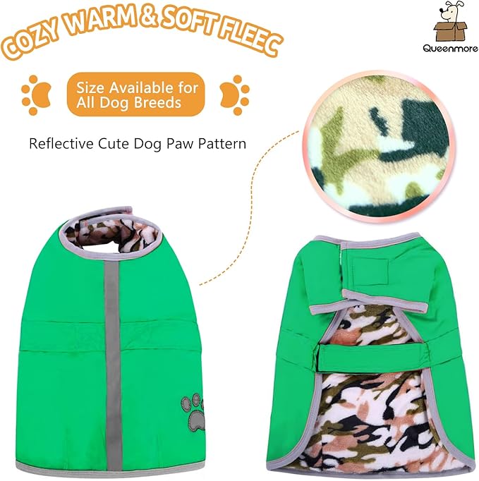 Queenmore Dog Winter Coat, Cold Weather Fleece Jacket for Dogs, Waterproof Reflective Reversible, for Small, Medium and Large Dogs (Green, XL)