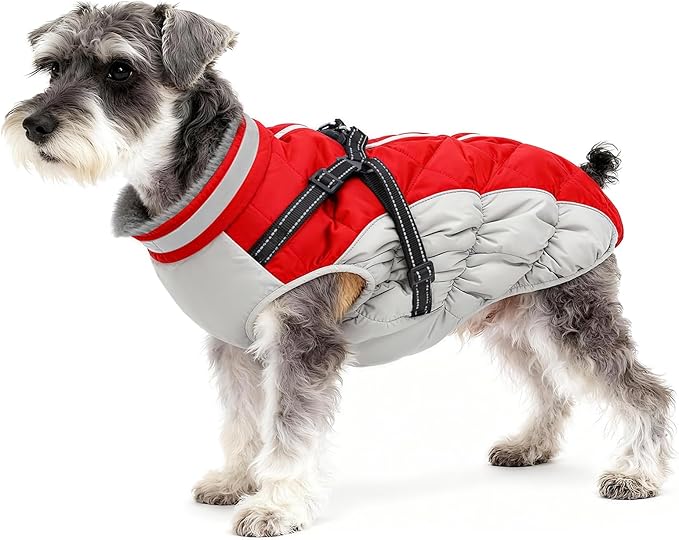 Dog Winter Coat with Harness, Dog Jacket, Pet Clothes with Zipper on Back, Waterproof Windproof Warm Vest, Reflective Cold Weather Coats, for Small Medium Large Dogs, Thick, Red, S