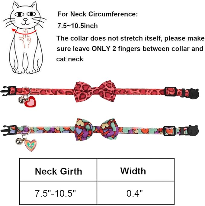 ADOGGYGO Valentine Cat Collar with Removable Bow Tie Bell - 2 Pack Holiday Valentine Heart Collar for Cat Kitten
