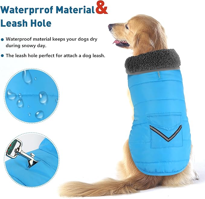 Dog Coat, Waterproof Dog Winter Jacket with Pocket, Reflective Adjustable Pet Snow Vest, Warm Cozy Fleece Sweater for Small Medium Extra Large Dogs - Sky Blue, 2XL