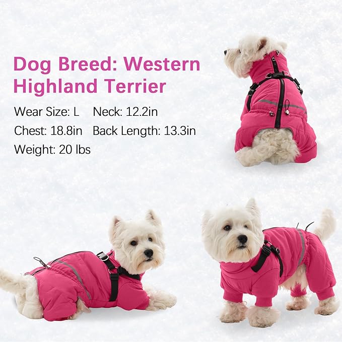 BRKURLEG Dog Winter Coat with Harness Built in, Winter Dog Jacket for Small and Medium Dogs, Small Dogs Snowsuit Reflective Windproof Cold Weather Coat, Puppy Warm Fleece Coats, Hot Pink, L