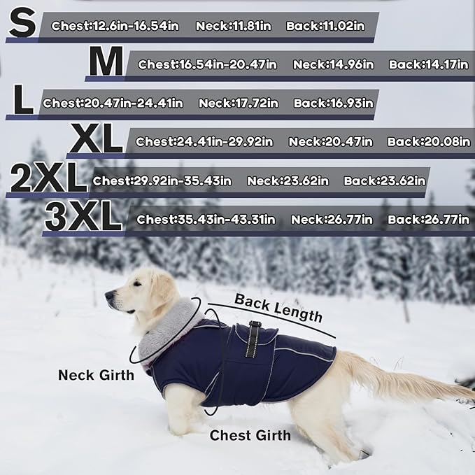 Lelepet Warm Dog Coat Waterproof Dog Jacket for Large Dogs Reflective Fleece Vest with Adjustable Buckle Hook & Loop Windproof Cold Weather Coats for Small Medium Large Dogs, Navy Blue, L