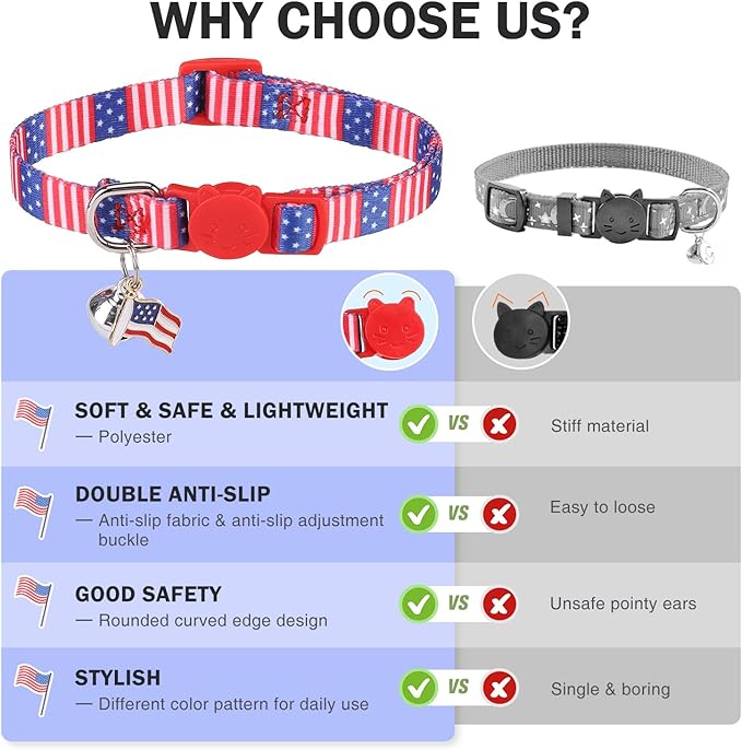 3 Pack Breakaway Cat Collars with Bell- 4th of July Cat Collar,Independence Holiday American Flag Kitty Collar for Girl Boy Cats with Safety Buckle- Cute Kitten Collar Adjustable 8"-12"