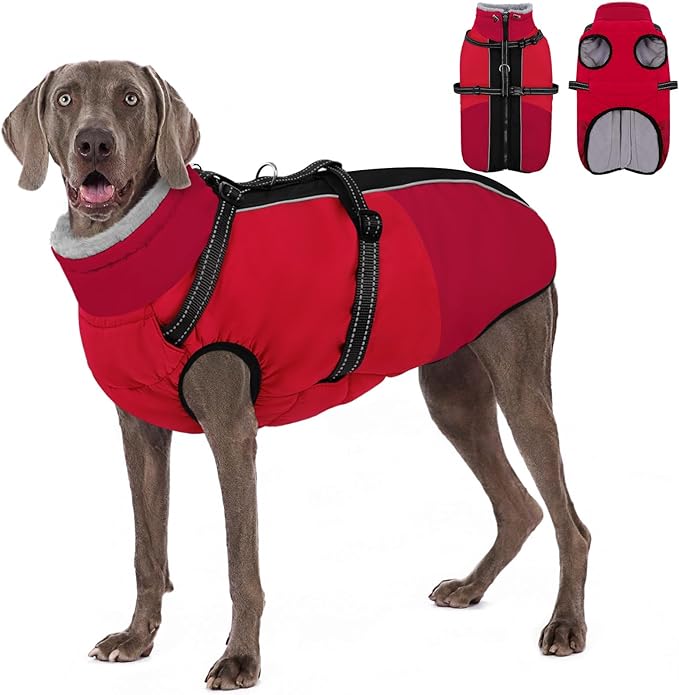 AOFITEE Dog Coat, Windproof Turtleneck Dog Jacket with Built in Harness, Reflective Dogs Jackets with Fleece Lining, Waterproof Pet Winter Coat for Cold Weather for Border Collie, Beagle, Red XL