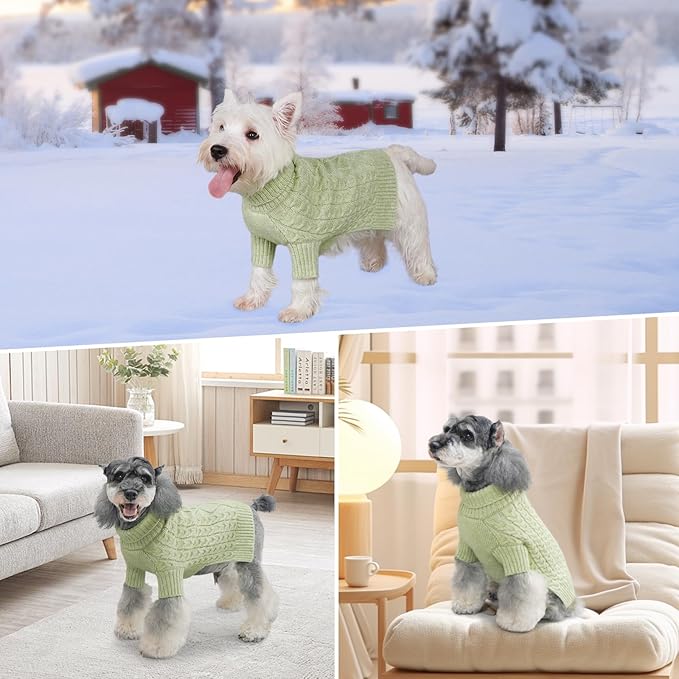 KYEESE Dog Sweater for Small Dog, Turtleneck Pet Coats Classic Cable Knit Warm Dogs Clothes Pet Knitwear Small Dogs Sweater with Long Sleeve for Cold Weather, Green, Medium