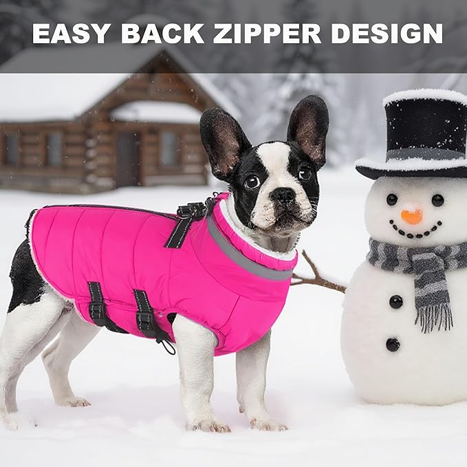 Large Dog Coat with Harness Built-in, Waterproof Reflective Fleece Lined - Warm Windproof Winter Jacket with Back Zipper, Cold Weather Snow Dog Coats - Pink - 2XL