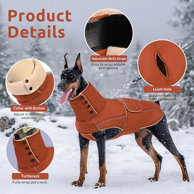 ASENKU Warm Dog Coat, Waterproof Dog Jackets for Large Dogs with Reflective Fleece Vest Turtleneck with Button,Windproof Cold Weather Coats for Small Medium Large Dogs, Red Brown, 2XL