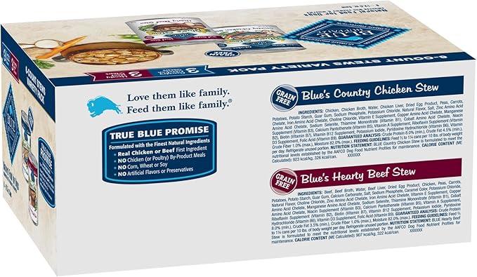 Blue Buffalo Blue's Stew Natural Wet Dog Food, Made with Natural Ingredients, Hearty Beef and Country Chicken Variety Pack, 12.5-oz Cans, 6 Count