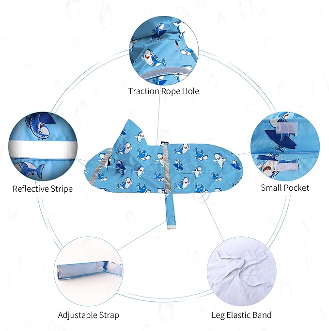 NACOCO Large Dog Raincoat Adjustable - Pet Shark Water Proof Clothes Lightweight Rain Jacket Poncho Hoodies with Strip Reflective Blue (3XL, Blue Shark)