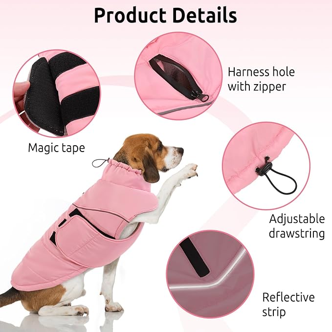 Peferhouse Dog Warm Winter Coat for Large Female Dogs, Pink 3XL, Windproof Reflective Jacket with Harness Hole