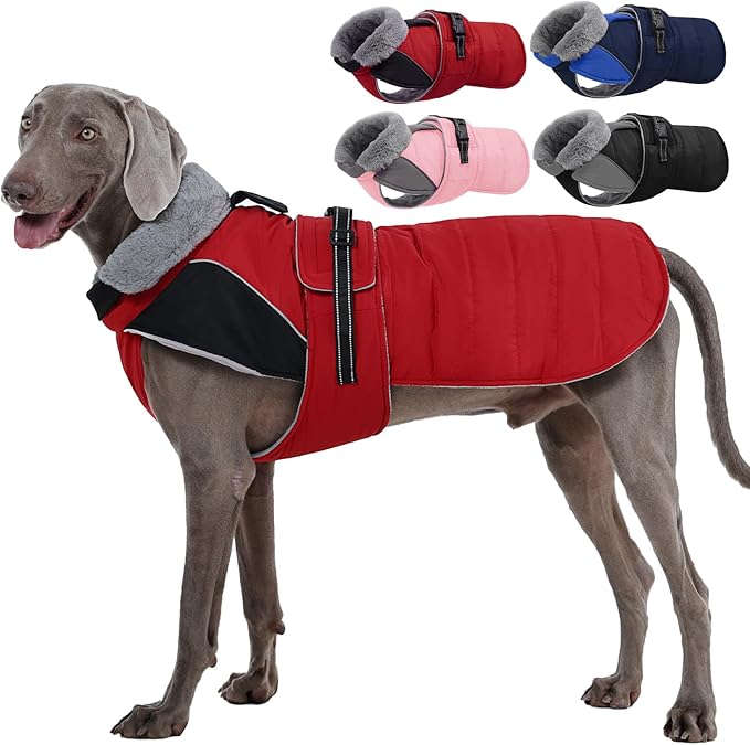 Nanaki Dog Coat Jacket for Large Dogs Winter Waterproof, Warm Fleece Lining Furry Collar Large Dog Jacket with Leash Hole, Reflective Cold Weather Pet Jacket Outdoor Walking Hunting,Easy On Red 3XL