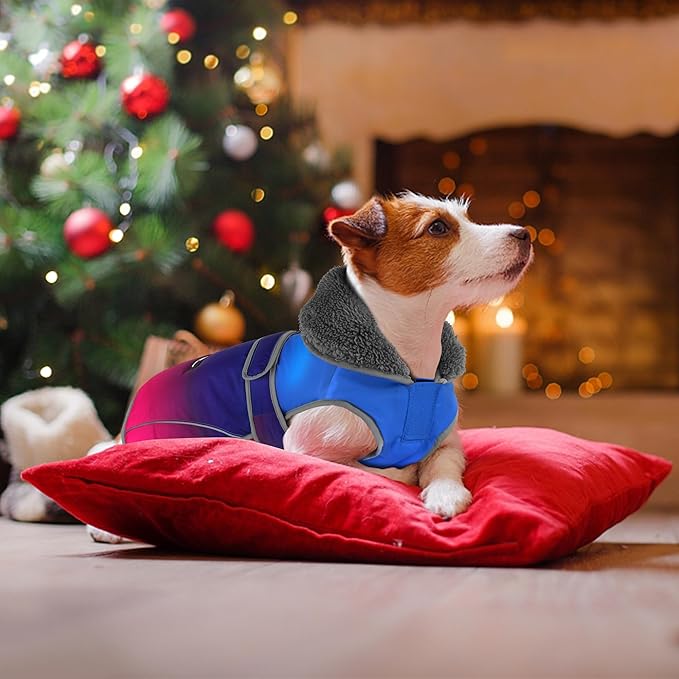 Dogcheer Dog Coat, Waterproof Dog Jacket Reflective Pet Winter Coat with Adjustable Hook & Loop, Christmas Puppy Fleece Jacket Warm Snowsuit for Small Medium Large Dogs - Gradient Blue-red, S