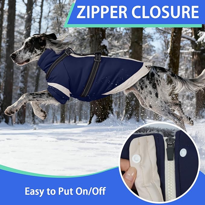 MIGOHI Dog Coat with Harness Built in, 2-in-1 Windproof Dog Winter Jacket, Thermal Reflective Snowsuit with Turtleneck, Back Zipper Fleece Coat for Small Dogs, Yorkshire Terrier, Navy Blue, S