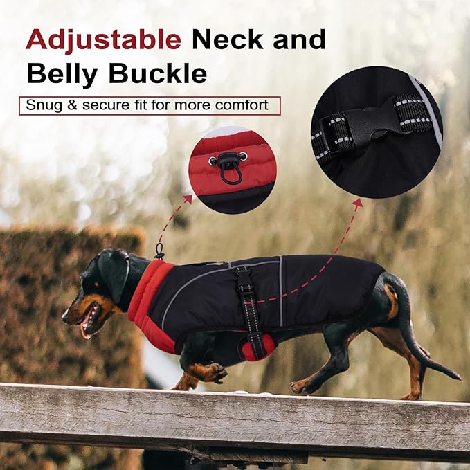 Lelepet Dachshund Coat Warm Dog Winter Coat Waterproof Dog Jacket with Fleece Lining, Reflective Outdoor Dachshund Snowsuit with Leash Hole Adjustable Neckline,Coats for Small Medium Dogs,Red, XL