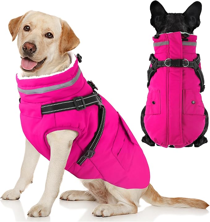 Dogcheer Dog Coat with Harness, Waterproof Warm Dog Winter Jacket with Pockets, Reflective Pet Fleece Jacket Turtleneck Snowsuit for Small Medium Large Dogs - Pink, S