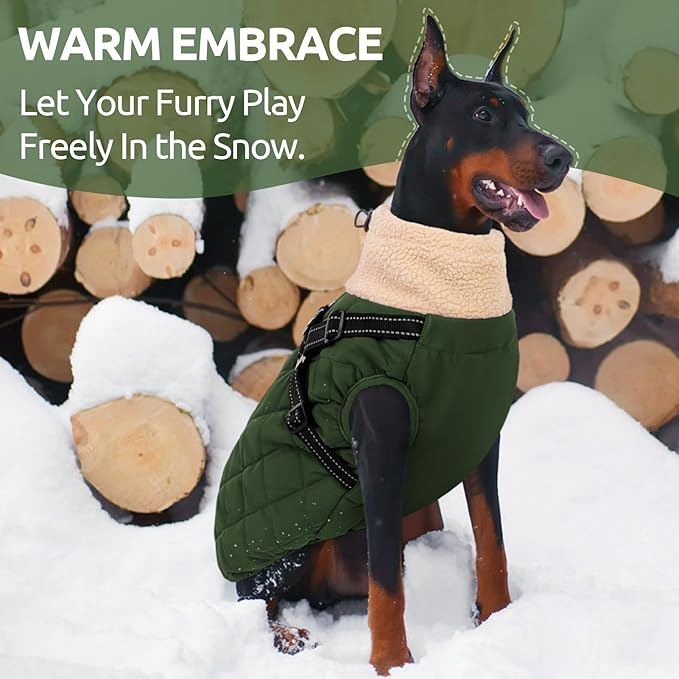 Queenmore Dog Winter Jacket, Dog Coats for Large Dogs, Warm Cozy Pet Jacket Winter with Harness Built in, Waterproof Pet Snow Jacket, Thick Fleece Lining Snowsuit for Large Dogs, ArmyGreen L