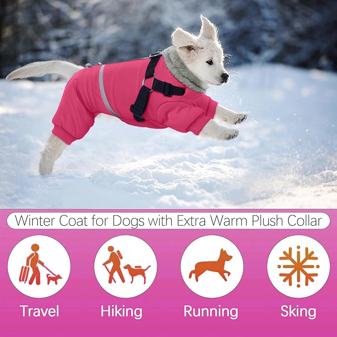 BRKURLEG Dog Winter Coat with Harness Built in, Winter Dog Jacket for Small and Medium Dogs, Small Dogs Snowsuit Reflective Windproof Cold Weather Coat, Puppy Warm Fleece Coats, Hot Pink, L