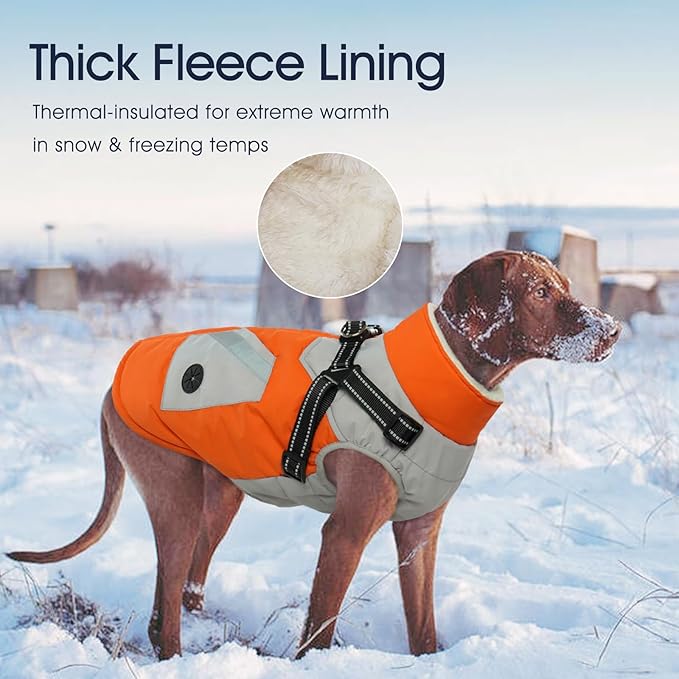 IECOii Large Dog Coat with Harness Built in,Reflective Waterproof Dog Coat for Giant Breeds - Zip Up Fleece Jacket for Dogs,Great Dane Winter Coats Warm Snowsuit for Cold Weather, Orange, 4XL