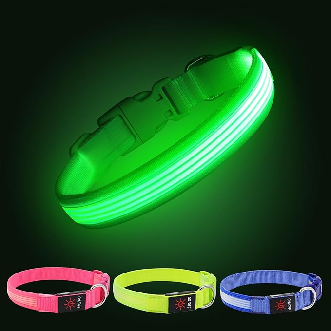 YFbrite Light up Dog Collar, USB Rechargeable LED Puppy Collar Super Bright Adjustable Glowing Dog Lights for Night Walking (Design 2-Green, Small)