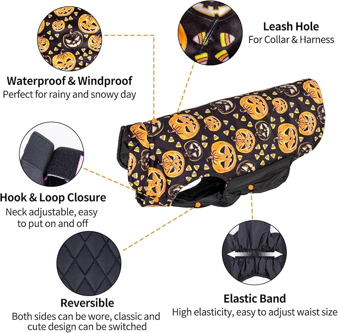 CuteBone Winter Dog Coat - Waterproof Windproof Reversible Coat for Small to Large Dogs - Soft, Thick Cold Weather Jacket with Leash Hole