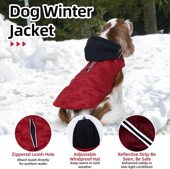 Nanaki Warm Dog Puffer Coat for Large Dogs-Lightweight Windproof Dog Coat with Hood, Water Resistant Pet Snowsuit for Cold Weather, Reflective Snowsuit, Adjustable Puffer Vest with Leash Hole, Red