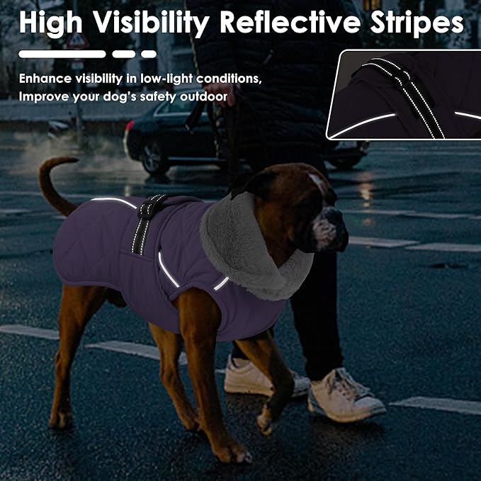 Dog Coat, Waterproof Dog Winter Jacket with Adjustable Buckle, Reflective Turtleneck Pet Snow Vest Warm Fleece Sweater for Small Medium Large Dogs - Purple, S