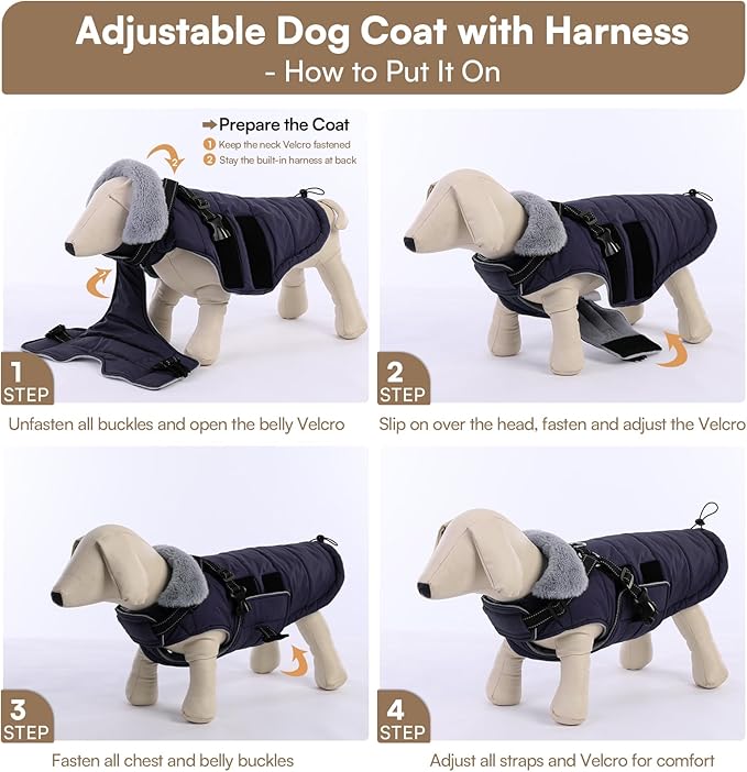 Queenmore Small Winter Dog Coat with Harness Built-in, Waterproof Winter Jackets for Small Dogs, Puppy Warm Puffer Jacket for Snow/Cold Weather - Fleece Reflective Easy On Velcro Closure, Navy S