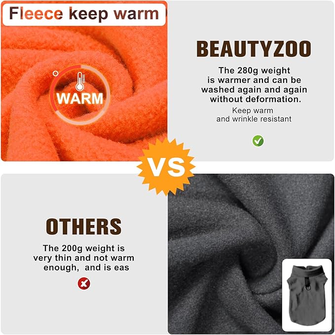 BEAUTYZOO Dog Fleece Vest Sweater Winter Jacket for Small and Medium Dogs with D-Ring Leash Cold Weather Coat Hoodie for XS S M Dogs Boy or Girls,Orange L