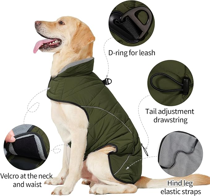 HEYWEAN Dog Winter Coat - Waterproof Windproof Reflective Vest for Medium & Large Breeds Adjustable Warm FleeceLined Jacket with Magic Tape & D-Ring for Leash Cold Weather Apparel (Green, Medium)